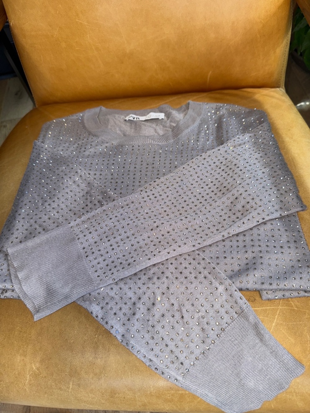 Zara Sheet  Silver-Gray Embellished Crewneck Sweater